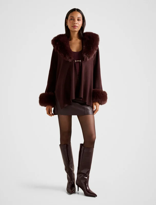 ALIA Faux Fur Trim Knit Cape